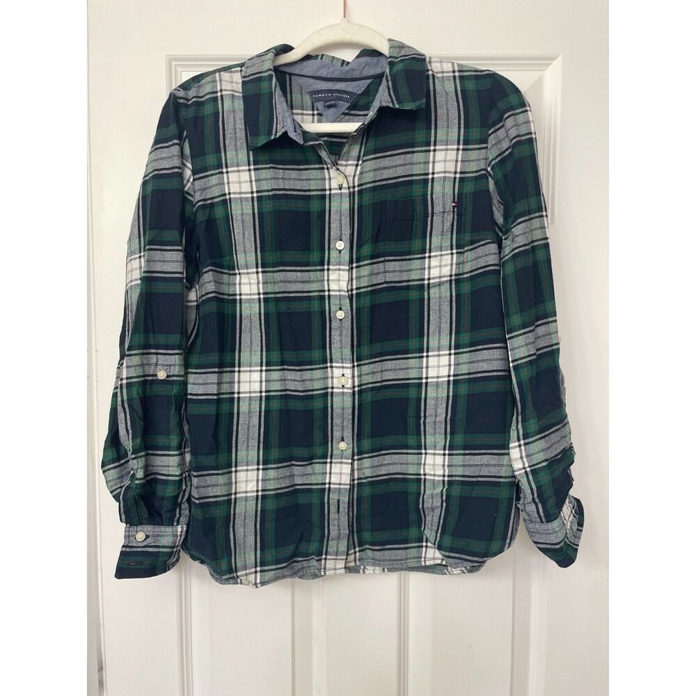 Tommy Hilfiger Women's Plaid Green/Blue/White/Red Button-down Shirt Medium
